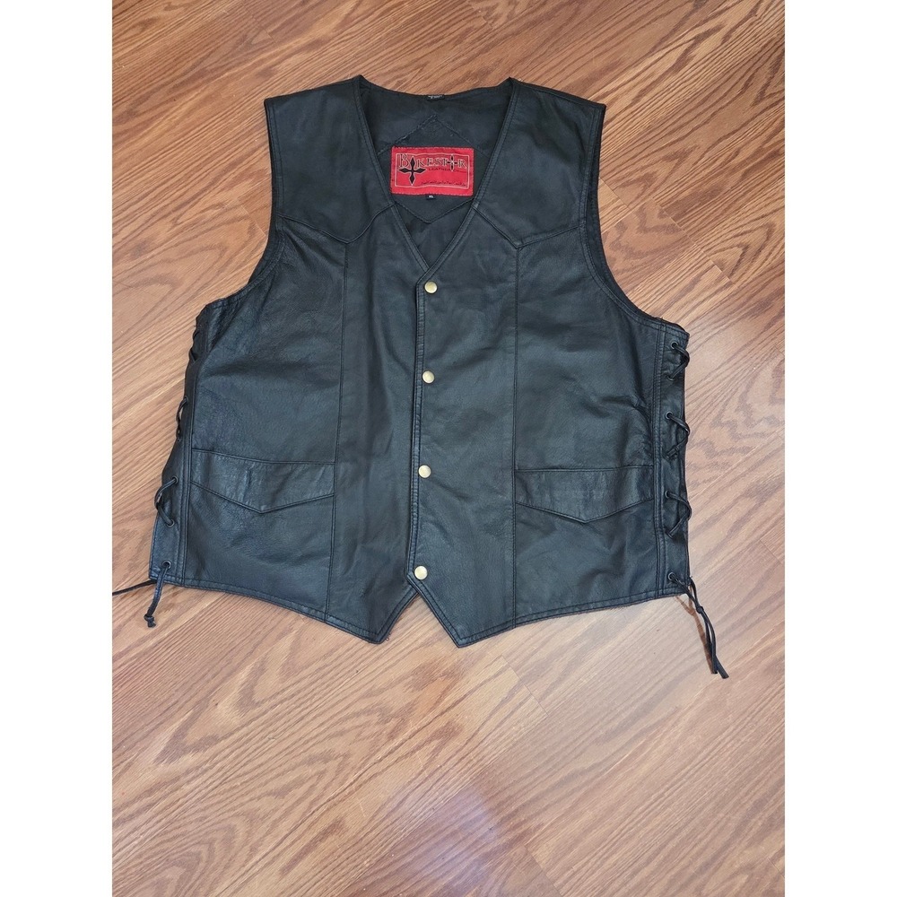 Bikestar Leather Co Mens XL Black‎ Genuine Leather Motorcycle Vest Side Lace Up